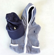 Ralph Lauren Polo 9M Snap Hoodie Jacket Navy White Stripe & 12-24 Mos Navy Cap