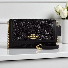 Coach Flap Clutch Tracolla in Pelle Nera Paillettes Glitterata CP188