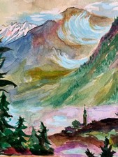 Disegno Antico Jean Nigela Paesaggio Vallata Montagna 1930 Acquerello