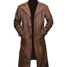 Cappotto trench lungo da uomo marrone invecchiato spolverino in vera pelle
