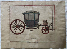 Antica incisione acquerellata 1750 Carrozza Berline deux Fonds 56,2x41 cm