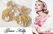 MAGNIFICI ORECCHINI  GRACE KELLY  '50s PERLE BAROCCHE,BRILLANTI,LEGA ORO-PLATINO