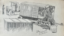 Antico disegno originale auto, carrozza, treno, trasporto 1931