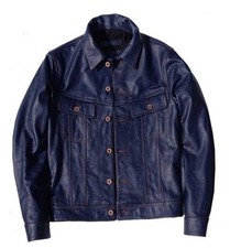 Giacca uomo blu vera pelle camionista stile vintage biker giacca con bottoni nuova
