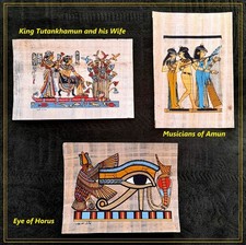 Set 3 dipinti vintage papiro egiziano Tutankhamon/Horus/Amun 12*15 cm 4,5*6"
