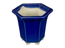 Vaso per bonsai esagonale (stile a cascata) in gres smaltato blu 10,5x10,5x11 cm