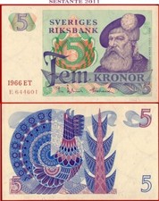 SVEZIA 5 CORONE 1966 P 51a UNC spedizione gratuita da 100$