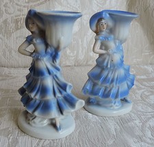 Coppia figurine ballerine azzurre candelieri / porta fiori Germania c 1930