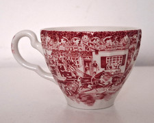 Tazza da tè vintage rossa transferware stile Staffordshire carrozza cavalli scena inglese