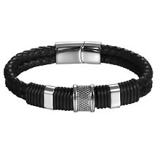 Bracciale Uomo Doppio Strato Pelle Intrecciata Acciaio Inox Fibbia Calamita Braccialetto