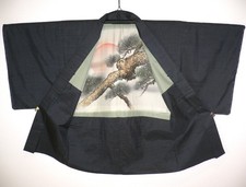 GIACCA HAORI KIMONO SETA TSUMUGI BLU GIAPPONESE UOMO VINTAGE MAI USATA sole e pino