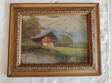 VECCHIO QUADRO, DIPINTO A OLIO SU Tavola Con Cornice Legno Dorata Cm. 32x25