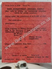 1940s-WW2- Wartime-Re enactment-Historical Replica WAR DEPT DRIVING DOCUMENT