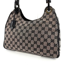 Rara borsa a mano GUCCI GG tela manico legno tote bag hobo grigio navy oro
