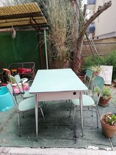 CREDENZA IN FORMICA E CROMATURE ANNI 60 + TAVOLO + 4 SEDIE COLORE VERDE ACQUA