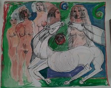 BRUNO CASSINARI: LITOGRAFIA Donne Cavalli, 90x70 Firmata Anni '70 Colori
