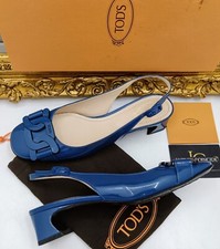 TOD’S SLINGBACK Catena Sandali KATE in Pelle Verniciata Bluette Pari al Nuovo