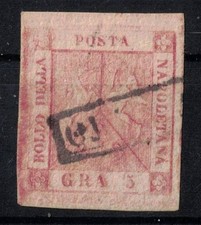 30F ANTICHI STATI - 1858 francobollo STEMMA DUE SICILIE  5 grana NAPOLI siglato