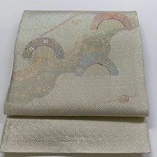 6080# Cintura Giapponese Vintage Fukuro Obi Kimono Tessuto Seta Argento...