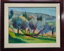 Desiderio Tanfani - Campagna fiorentina con ulivi- Olio su tavola - 1961