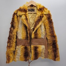 Cappotto donna pelliccia e pelle coniglio Phat bambino taglia L marrone giallo foderato vintage