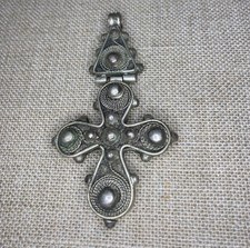 H# Ciondolo croce etiope in argento artigianale antica