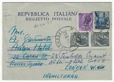 Repubblica italiana - Biglietto Postale per Londra da Roma con siracusana 1955