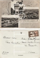 SALUTI DA CEVA - VEDUTINE CON STAZIONE FERROVIARIA (CUNEO) 1954