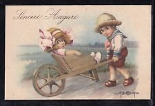 Cartolina Sinceri Auguri Bambini con Cariola illustratore Bertiglia YA1162