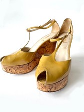 YSL Saint Laurent Sandalo platform con cinturino a T, sughero, vernice beige, 37