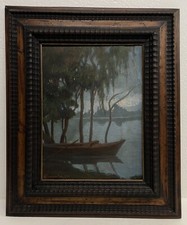 ANTICO QUADRO DIPINTO OLIO P Comaschi PAESAGGIO FLUVIALE FOCE LACUSTRE BARCA '30