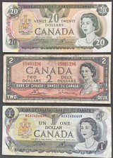 CANADA 20 DOLLARI 1979 UNC FDS + 1 DOLLARO + 2 DOLLARI LOTTO 3 BANCONOTE