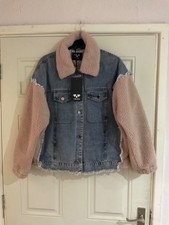 Giacca denim trapuntata pelliccia sintetica blu/rosa Lagenlook nuova Made in Italy - taglia L nuova con etichette