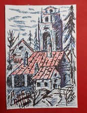 QUADRI DISEGNO SU TELA PAESAGGIO BORGO DIPINTO A MANO BELLO 9 X 13 ARREDO CASA