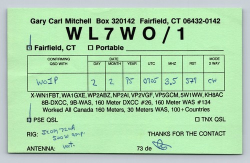 Ham radio qsl wl7wo - qsl, wl7wo/1