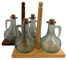 SET OLIO ACETO IN VETRO SUPPORTO LEGNO TAPPO SUGHERO FLACONE CL 25 - CM 22X21X10