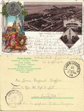 Cartolina litografica Lagerlechfeld-Graben campo di addestramento truppe, moneta conio MB 1908