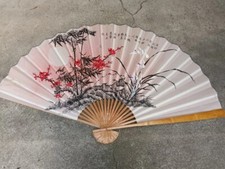 China Vintage Grande Ventaglio da Parete Legno e Carta dipinto acquerello