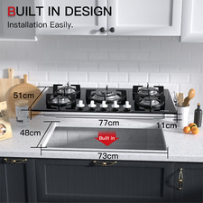 Piano Cottura 5 Fuochi Gas Cucina a Gas 77 cm Piano Cottura Incasso Vetro Nero
