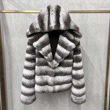 Cappotto donna corto con cappuccio soprabito vera pelliccia di coniglio rex invernale a righe stile retrò