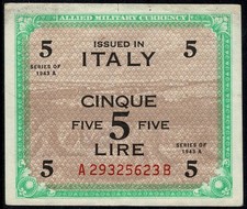 1943 ALLIED MILITARY CURRENCY 1943 A BANCONOTA LIRE 5 F.L.C. BILINGUE MF133189