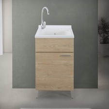 Mobile lavatoio 50x50 cm rovere con vasca in resina e asse lavapanni