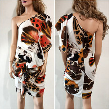 🆓US🛃 Abito Blumarine stampato farfalla una spalla in seta increspato IT 44