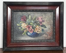 Vecchio quadro con cornice nera legno  - Olio su pannello - Vaso di fiori-rose