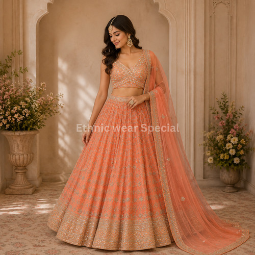 Seta pesca lehenga - lehenga, choli