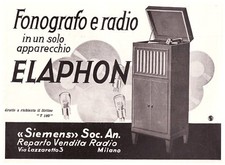 PUBBLICITA' 1929 SIEMENS ELAPHON FONOGRAFO RADIO VALVOLA  GRAMMOFONO MUSICA  