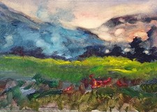 Dino Pasquero ( Torino 1939 ). "Paesaggio 1981". Olio su cartoncino cm 32 x 45. 