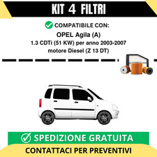 Kit 4 Filtri Tagliando per OPEL Agila (A) 1.3 CDTi 51 kw Diesel 2003-2007