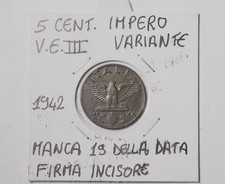 Regno d'Italia 5 Centesimi impero anno 1942 variante di conio