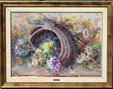 Ettore Berrone ( Conzano M.to AL 1897 - Aosta  1986 )  Cesta con fiori, olio.   